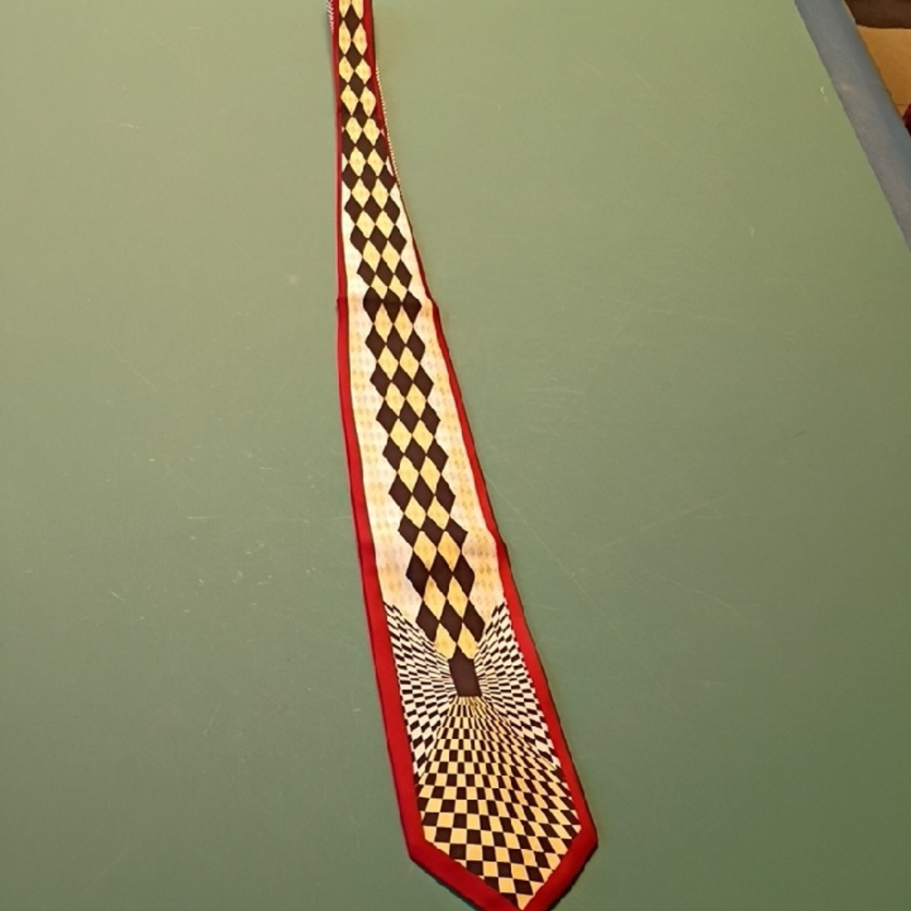 Psychedelic Pattern Red And Black Checkered Silk … - image 2